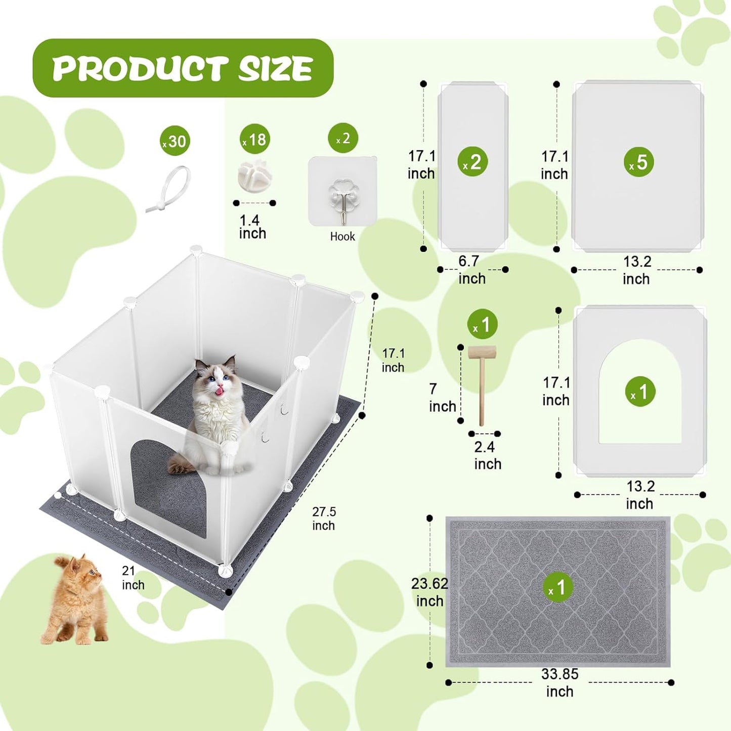 Large Cat Litter Box Cover Enclosure with Waterproof Splash Guard, Litter Mat(L33×W23), Row-Hook, DIY Shield, Safe Material, Easy Install & Clean,Privacy Screen for Most Litter Boxes,27'' × 21'' ×17''