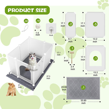 Large Cat Litter Box Cover Enclosure with Waterproof Splash Guard, Litter Mat(L33×W23), Row-Hook, DIY Shield, Safe Material, Easy Install & Clean,Privacy Screen for Most Litter Boxes,27'' × 21'' ×17''