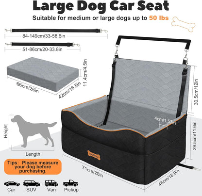 Dog Car Seat for Medium Dog, Dogs Booster Seat Under 50Lbs or 2 Small Dogs Washable, Pet Car Seats with 2 Safety Leashes, Pets Sofa Bed Cushion Add Thick Sponge, Pet Cars Carrier for Travel