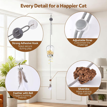 2-in-1 Cat Toy Interactive Feather Toy Door Hanging Kitty String Treat Toy Retractable Doorway Kitten Self Play Teaser Wand Toy Enrichment Accessories for Bored Indoor Kitten Adult Cat