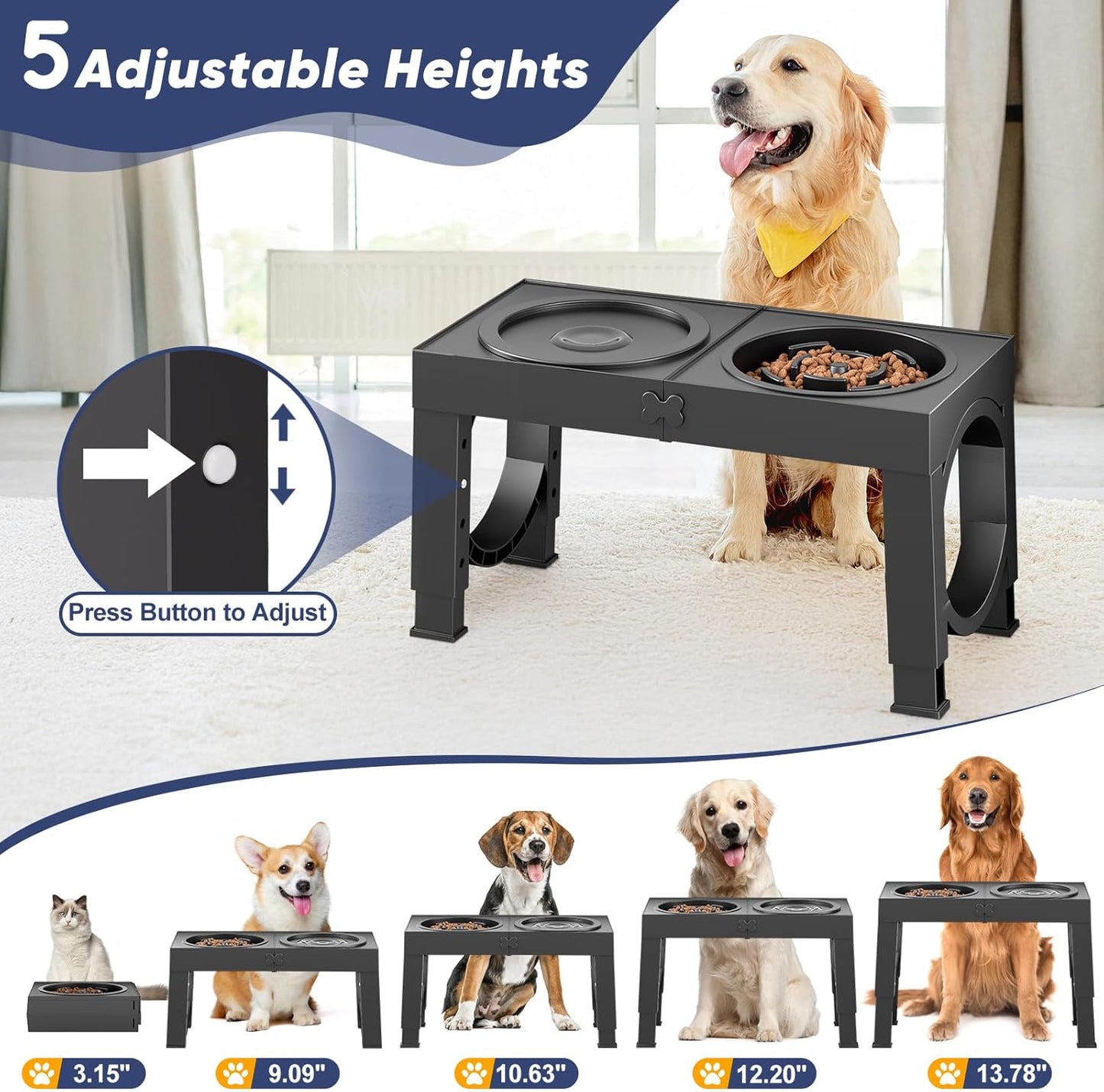 XIAZ Elevated Dog Bowls Slow Feeder Dog Bowl Stand Food and Water Bowl Set for Large Medium Sized, 4 Heights Adjustable, Non-Slip, Durable, Prevents Bloating & Improves Digestion
