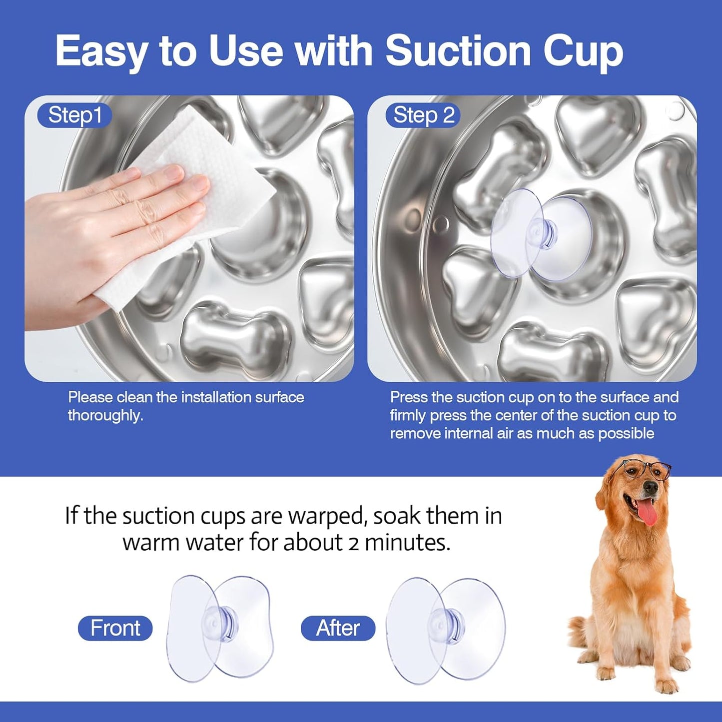 Slow Feeder Dog Bowls, Stainless Steel with Non-Slip Rubber Base Metal Bowl, 4 Cups Large Capacity Slow Feed for Small, Medium, Large Breed Dogs
