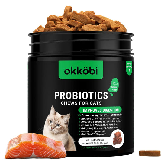 Probiotics for Cats Chews 200PCs - Digestive, Gut Health & Diarrhea Support - Probiotic Chews for Feline - Expert Approved US Formula with Cat Probiotics, Enzymes & Natural Ingredients - Salmon