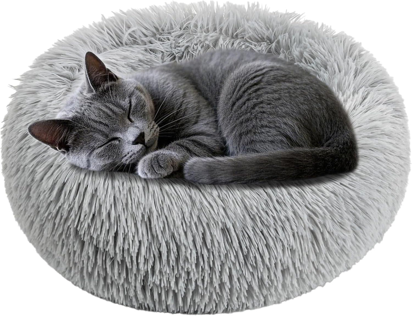 Cat Bed - Calming Cat Bed for Small Kittens Donut Washable Round for Indoor Kittens and Puppies, Anti-Slip Round Fluffy Plush Faux Fur, Small, Light Grey