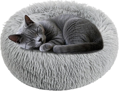 Cat Bed - Calming Cat Bed for Small Kittens Donut Washable Round for Indoor Kittens and Puppies, Anti-Slip Round Fluffy Plush Faux Fur, Small, Light Grey