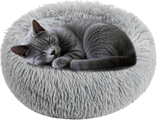 Cat Bed - Calming Cat Bed for Small Kittens Donut Washable Round for Indoor Kittens and Puppies, Anti-Slip Round Fluffy Plush Faux Fur, Small, Light Grey