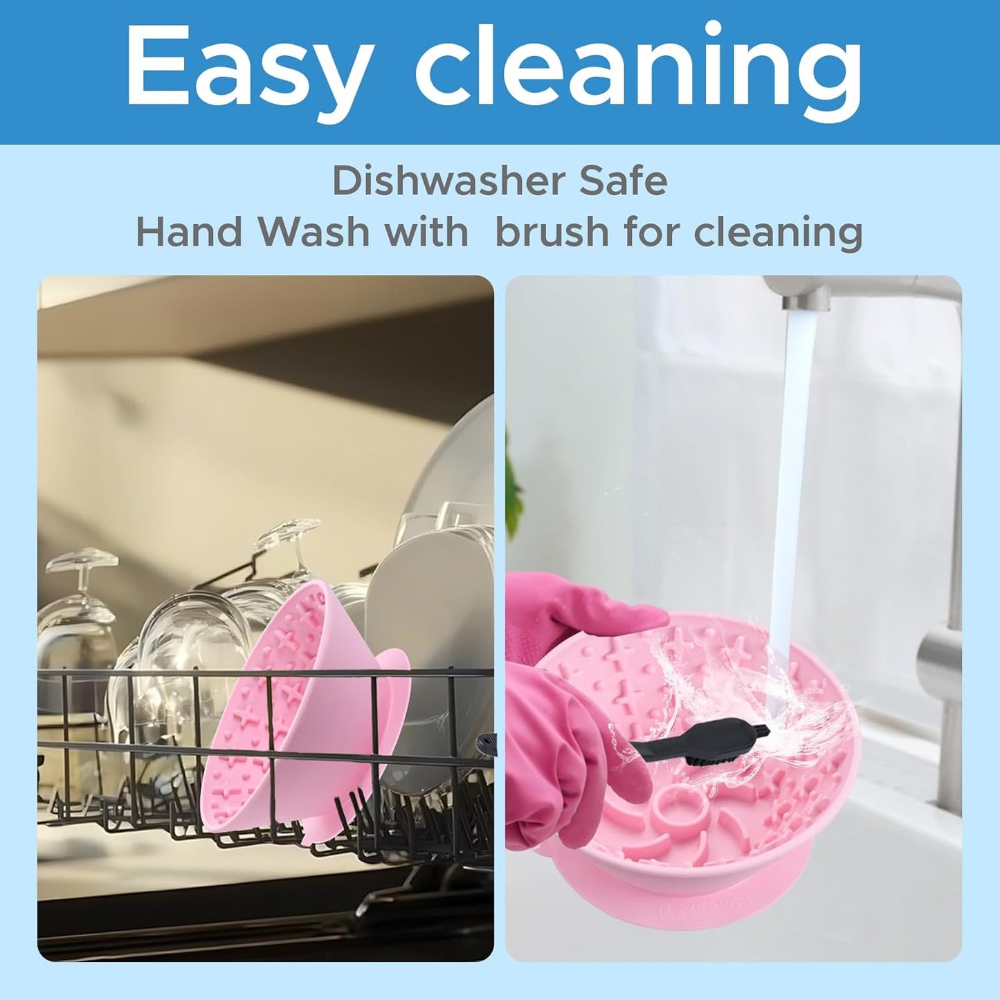 Dog Lick Bowl – Silicone Lick Mat for Dogs with Freeze Bone, Slow Feeder, Non-Slip Base, Includes Brush & Scraper, Large Opening for Anxiety Relief & Oral Health, Ideal for Frozen Treats (Pink)-Large