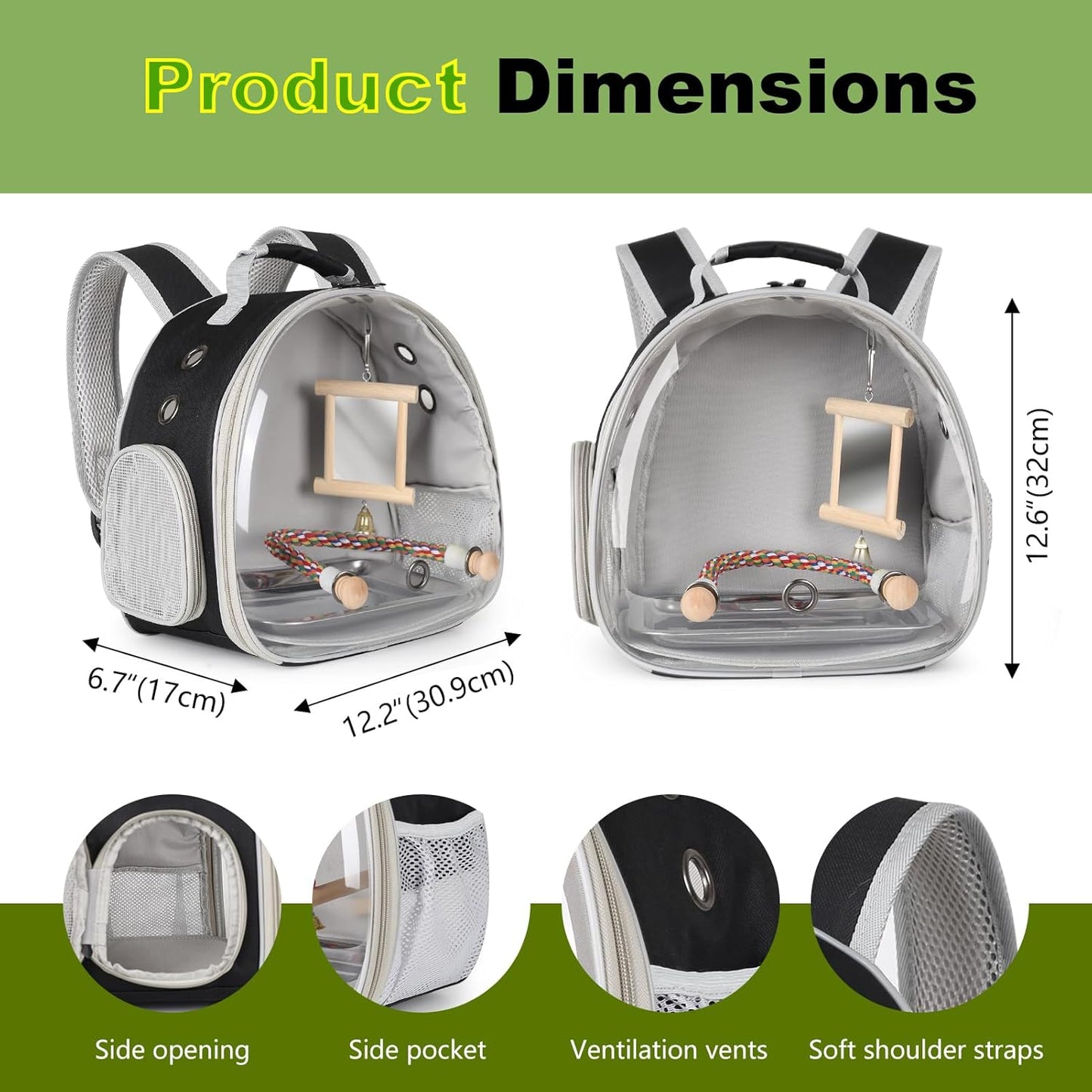 Bird Travel Carrier Bubble Window Backpack with Mirror Parrot Standing Toy,Portable Parrot Cage Backpack with Stand Perch, Pet Travel Bag for Cockatiels,Parrots,Love Bird,Small Birds