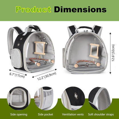 Bird Travel Carrier Bubble Window Backpack with Mirror Parrot Standing Toy,Portable Parrot Cage Backpack with Stand Perch, Pet Travel Bag for Cockatiels,Parrots,Love Bird,Small Birds