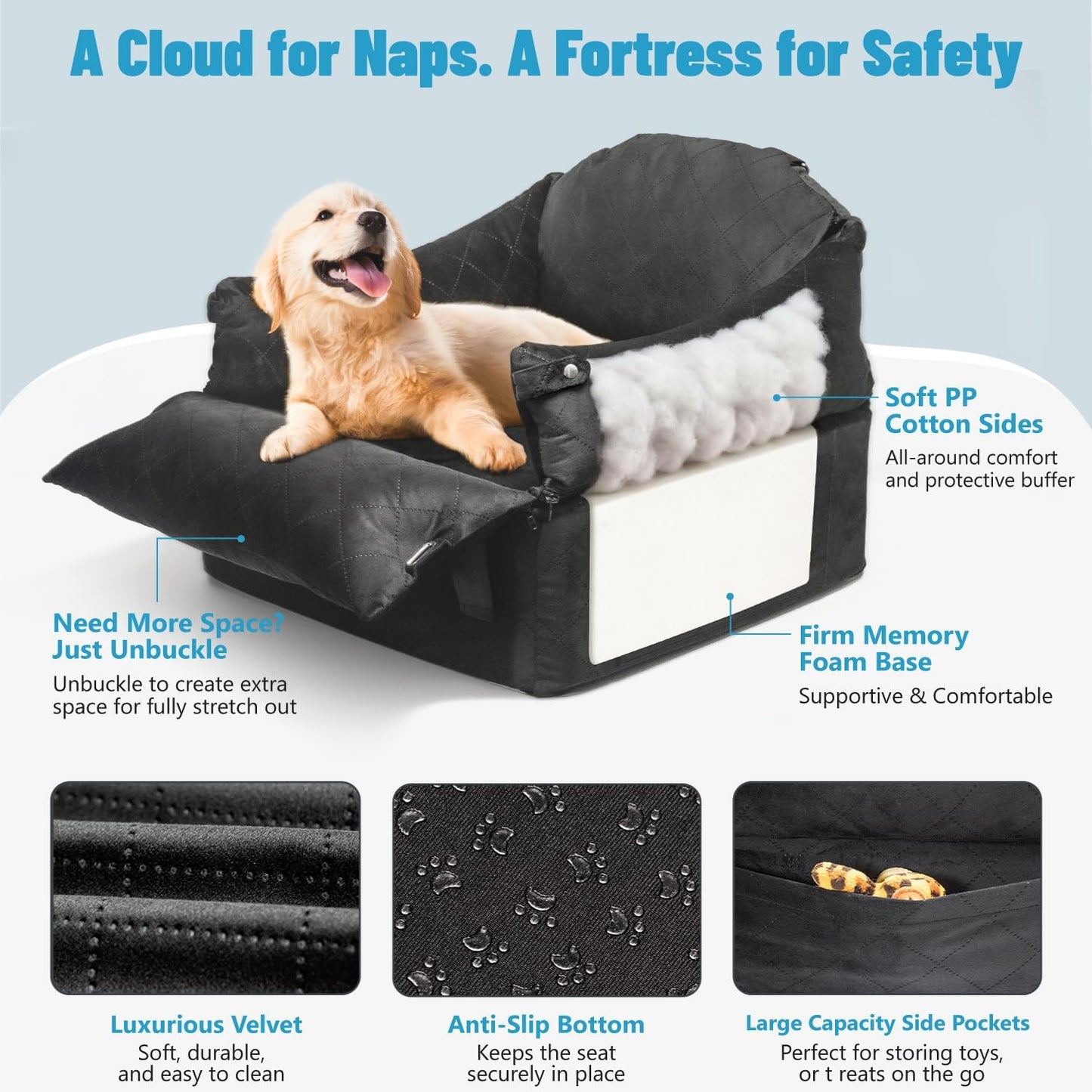 EASTBLUE Dog Car Seat for Small Medium Dogs Up to 35 lbs, 2 Memory Foam Pads Dog Booster Car Seat with Seat Belt, Washable Pet Carseat for Puppy & Cat, Dogs Travel Bed for Cars (Black-Velvet)