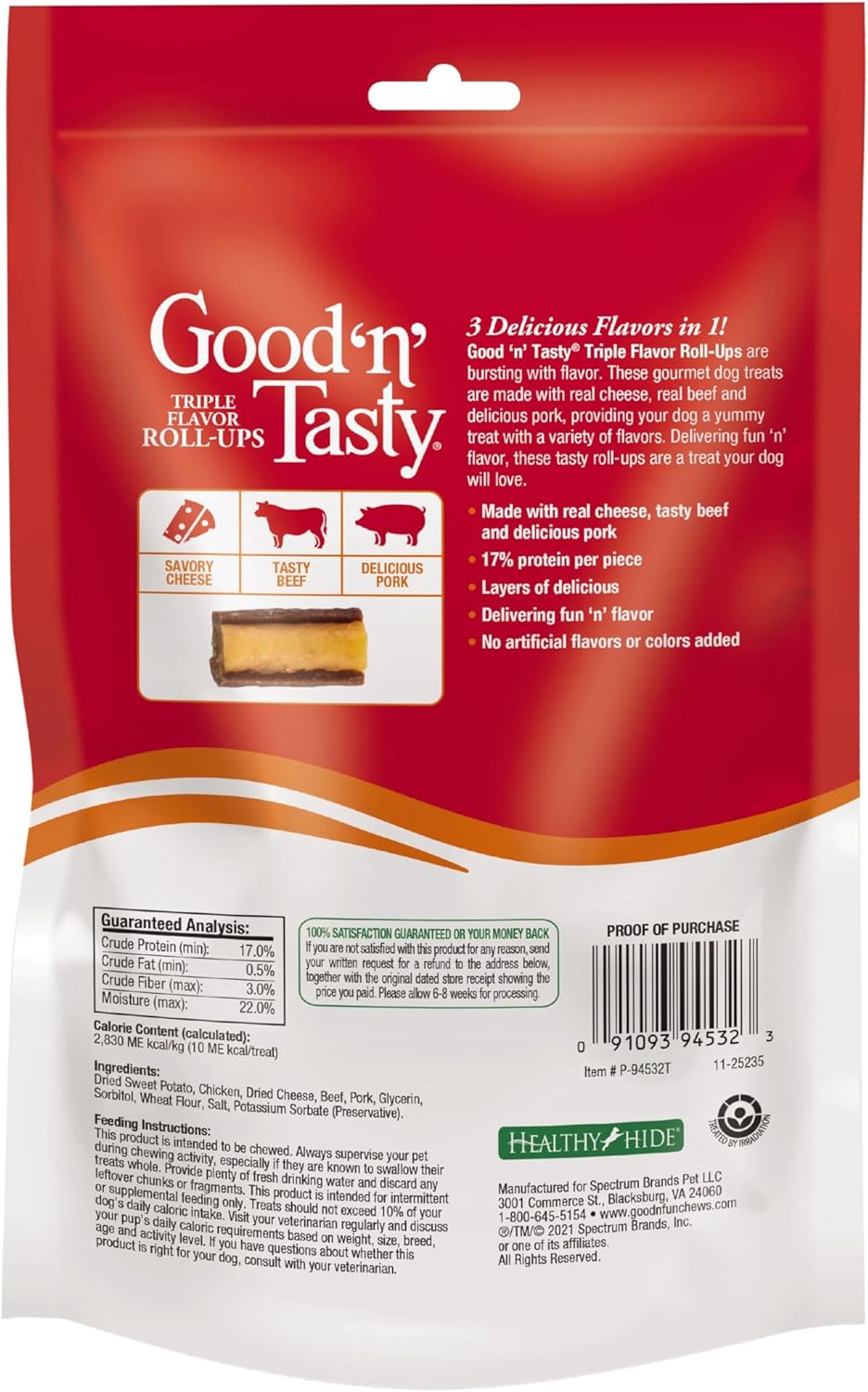Good'n'Fun Good 'n' Tasty Triple Flavor Roll Ups 4 Oz Cheese, Beef, Pork (Pack of 4)