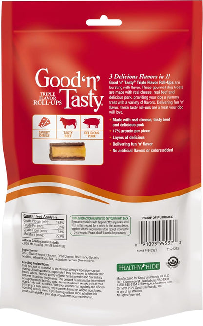Good'n'Fun Good 'n' Tasty Triple Flavor Roll Ups 4 Oz Cheese, Beef, Pork (Pack of 4)