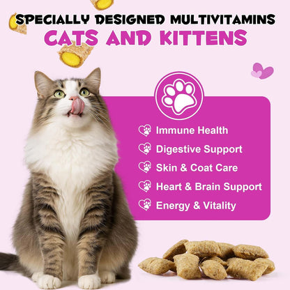 15 in 1 Cat Multivitamin Cruchy & Creamy Chews, Cat Treats for Immune + Digestive, Skin & Coat, Heart & Brain, Energy & Vitality Support, Vitamin for Cats with Omega 3 & Prebiotics(30 Day Supply)