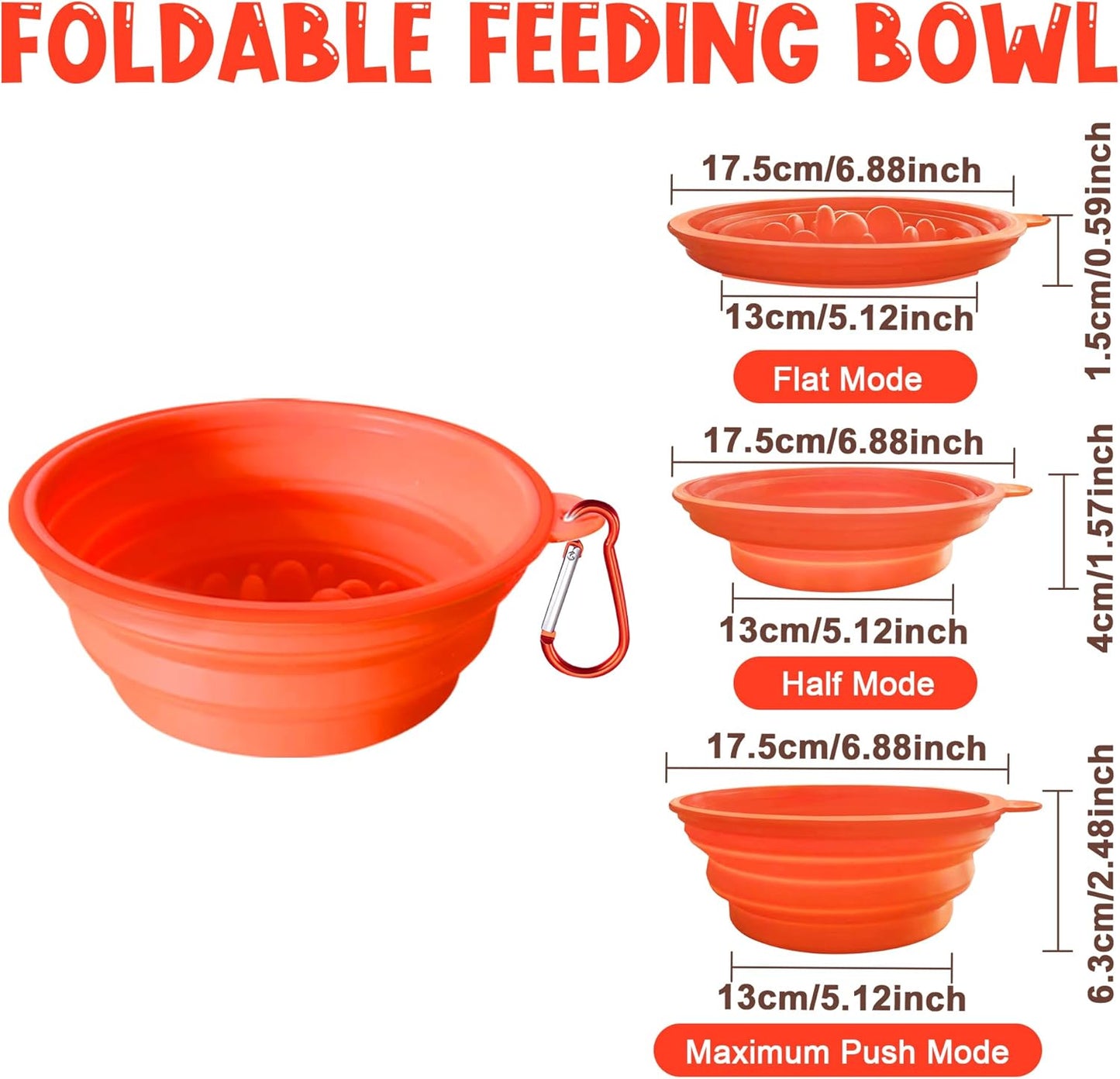 Large Collapsible Dog Bowls (34oz), 1 Pack Pet Travel Foldable Bowl and Slow Feeding Frisbee with Carabiners, Healthy, Soft Silicone, Portable Essential Set for Walking, Travel, and Hiking (Orange)