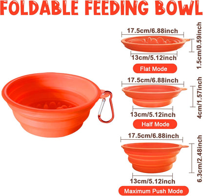 Large Collapsible Dog Bowls (34oz), 1 Pack Pet Travel Foldable Bowl and Slow Feeding Frisbee with Carabiners, Healthy, Soft Silicone, Portable Essential Set for Walking, Travel, and Hiking (Orange)