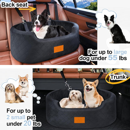 Dog Car Seat for Medium Dogs Up to 50 lbs, Pet Booster Seat for Cars SUVs and Trucks, Travel Dog Bed with Safety Strap, Thick Cushion, Non-Slip Base, Washable and Portable (Black)