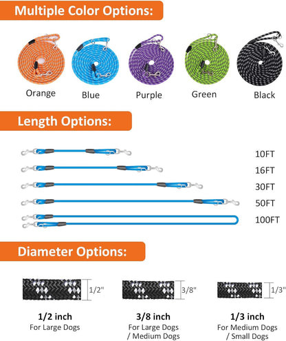 Long Dog Leash for Training 10FT/16FT/20FT/30FT/50FT/100FT, Reflective Tie Out, Heavy Duty Dog Lead for Large, Medium & Small Dogs - Outside Walking, Playing, Camping, Yard