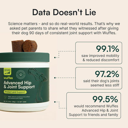 Wuffes Advanced Dog Hip and Joint Supplement with Glucosamine, Chondroitin, Omega 3, MSM, and Green Lipped Mussel, 30 Pork Flavored Chews for Large Dog Breeds