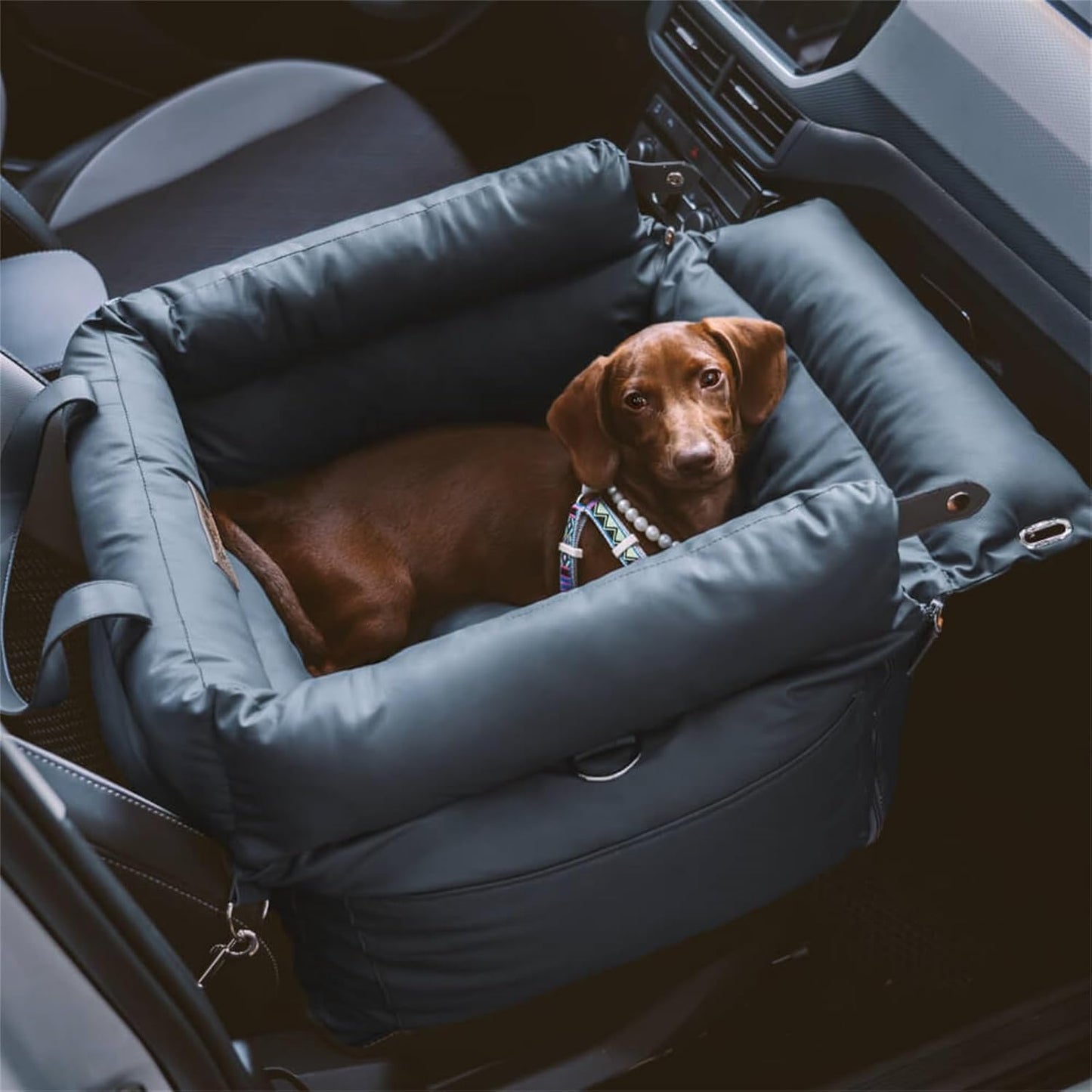 FUNNYFUZZY Leather Dog Car Seat for Small ＆ Medium Sized Dogs Up to 35lbs, Waterproof and Washable Dog Booster Seat Car Bed for Travel and Home,Portable and Safety(Blue)