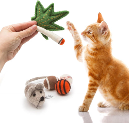 Glaciart One Indoor Catnip Cat Toy Pack - 6pc | Kitty Toys Include Wool Balls, Mouse & Joint Set| for Activity, Exercise & Play | Filled w/Organic Catnip to Excite/Calm Pet | Great Gift Idea