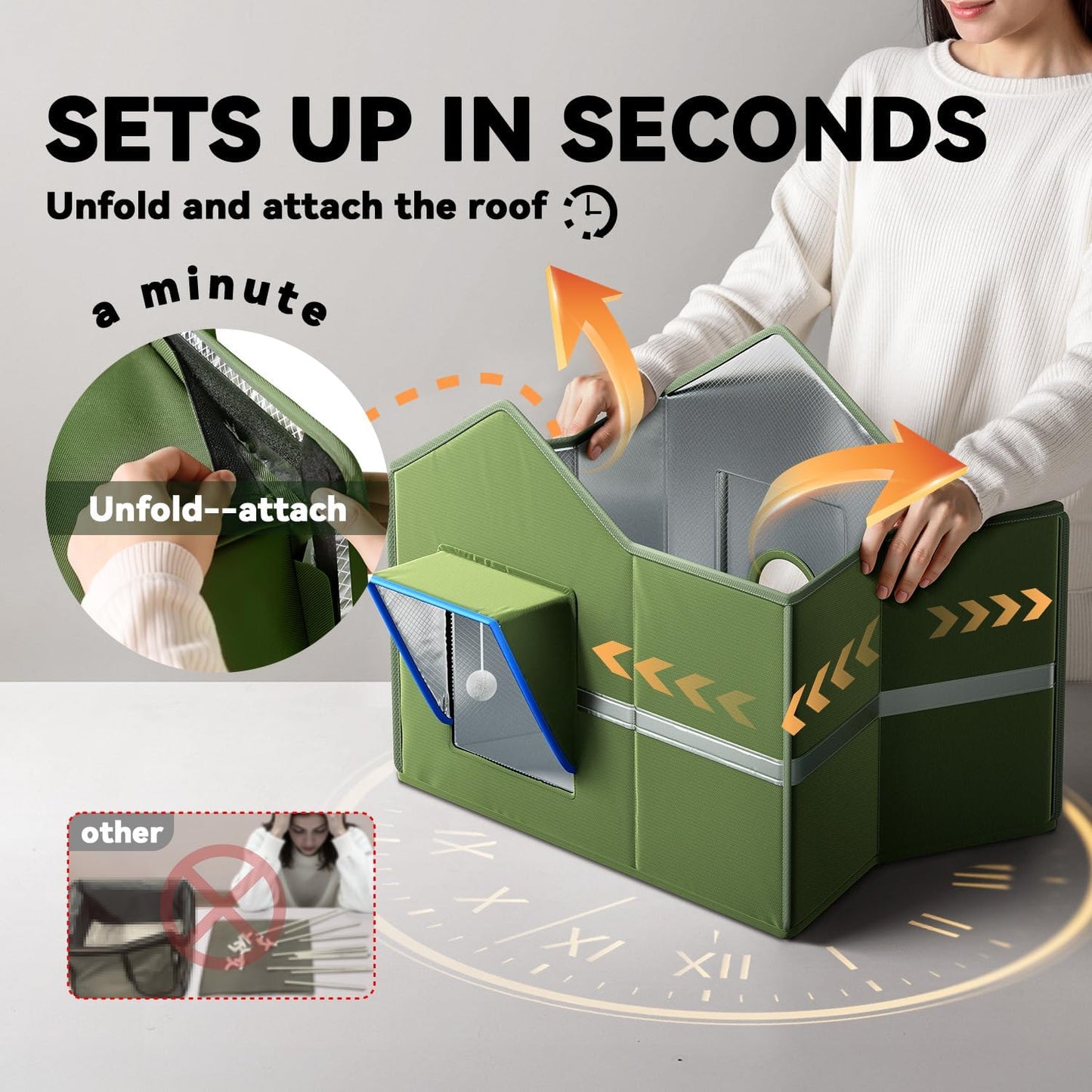 Heated Cat Shelter for Outside, Large Outdoor Cat House with Roof Window and Cozy Cushion, Weatherproof Foldable and Easy Assembly Design, Ideal for Stray and Feral Cats