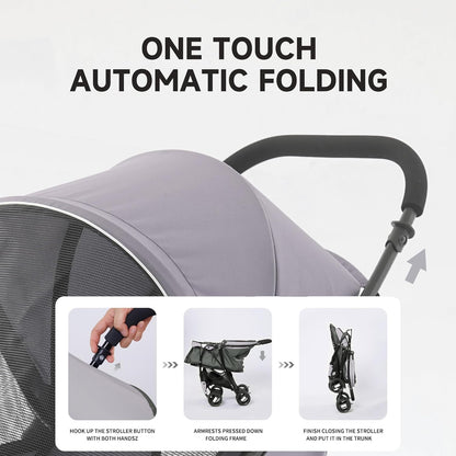 Sunny Sonny Foldable Jogger Pet Stroller with Weather Cover Storage Basket Pet Travel Carrier for S/M Dogs Cats up to 33lbs (Grey)