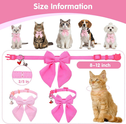 2 Pack Pink Cat Collar with Bow, Cute Cat Collar Breakaway with Bells, Pink Bowtie for Girl Cats, Cute Small Kitten Collars with Removable Safety Bowtie