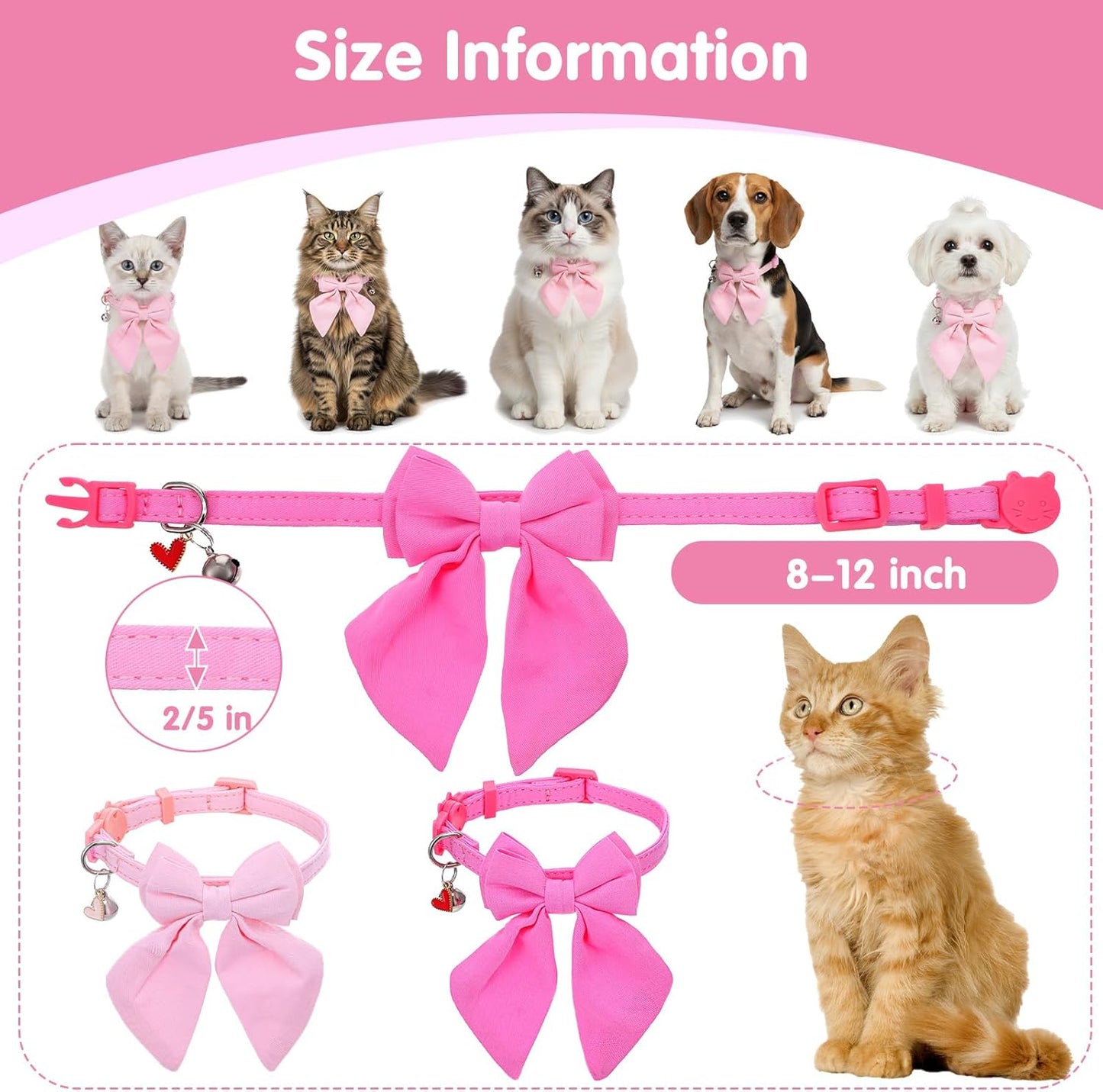 2 Pack Pink Cat Collar with Bow, Cute Cat Collar Breakaway with Bells, Pink Bowtie for Girl Cats, Cute Small Kitten Collars with Removable Safety Bowtie