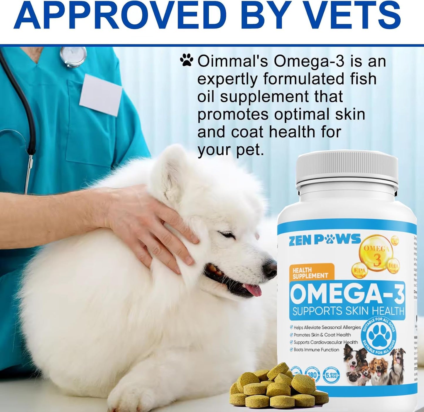Omega 3 Fish Oil for Dogs - 180 Count Tablet Treats – Helps Shedding, Skin Allergy, Itch and Dry Skin Relief, Hot Spots - Joint Health - Skin and Coat Supplement - Salmon Oil - Duck Flavor