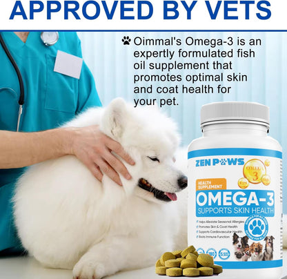Omega 3 Fish Oil for Dogs - 180 Count Tablet Treats – Helps Shedding, Skin Allergy, Itch and Dry Skin Relief, Hot Spots - Joint Health - Skin and Coat Supplement - Salmon Oil - Duck Flavor