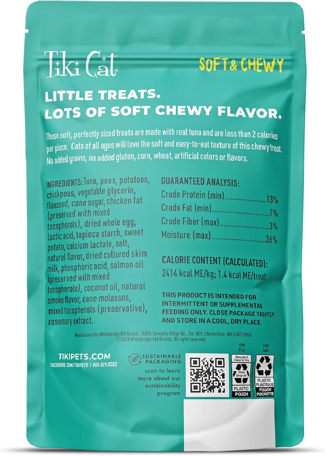 Tiki Cat Soft & Chewy Treats, Tuna Flavor, 3 Calories Per Treat with Grain-Free and No Added Gluten, 6 oz Pouch (Pack of 1)