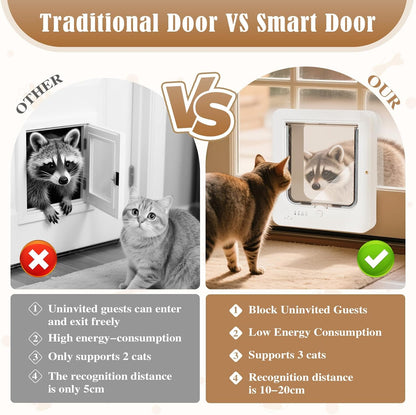 Smart Cat Door for Interior & Exterior, Flap Opening is 7.67’’ (H) by 7'' (W), RFID Cat Pet Door with 3 RFID Collar Sensor Keys & 1 Remote & 4 Way Locking Cat Flap, Automatic Opening Cat Door ﻿(White)