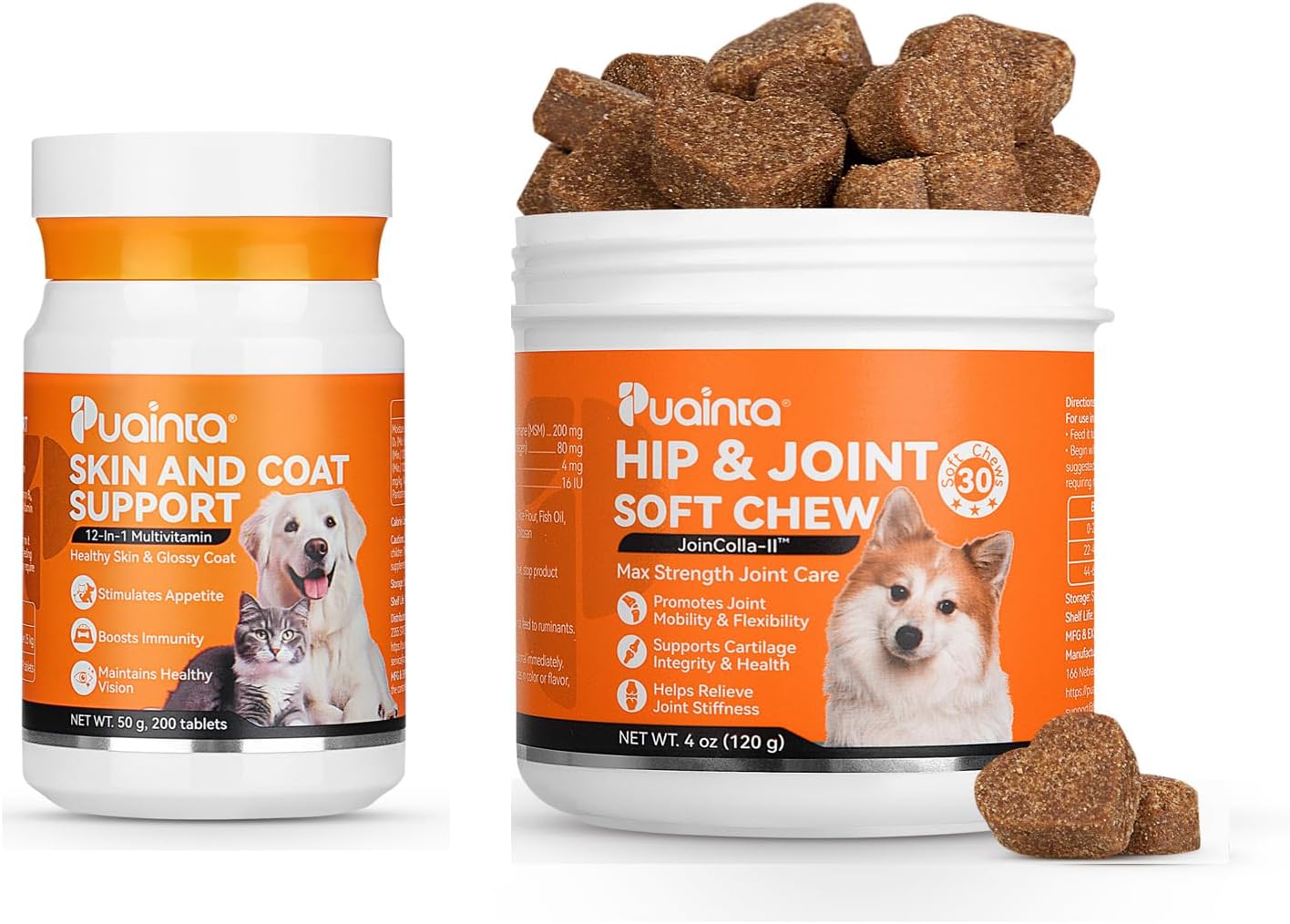 30 Soft Chews Dog Joint Supplement & 200 Tablets Multivitamin for Skin and Coat for Dogs and Pets