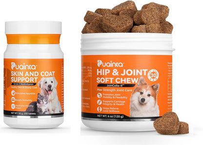 30 Soft Chews Dog Joint Supplement & 200 Tablets Multivitamin for Skin and Coat for Dogs and Pets