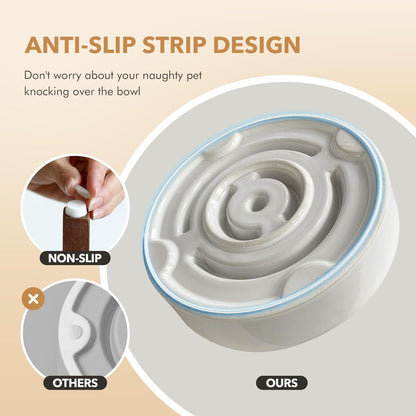 Ceramic 1.2 Cup Raised Slow Feeder Dog Bowl Set, Elevated 6.1inch Bowl and 7.3inch Dish with Acacia Wood Stand for Small and Medium Dog(2 x Reactived Glaze -White+ Stand)