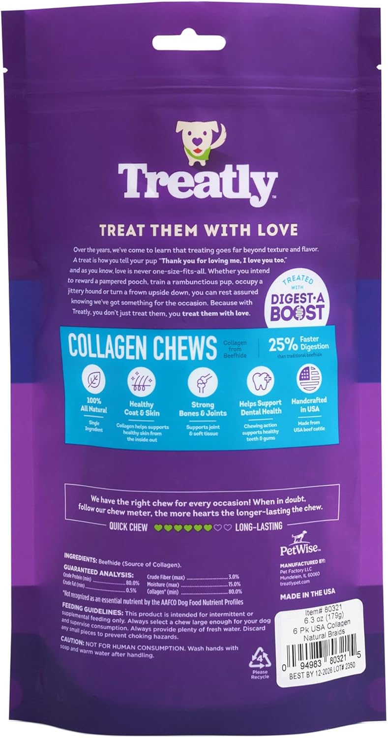 USA Collagen Braids 6-7" Dog Chew Treats - Natural Flavor, 6 Count/1 Pack