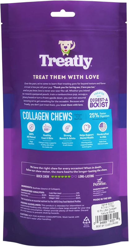 USA Collagen Braids 6-7" Dog Chew Treats - Natural Flavor, 6 Count/1 Pack