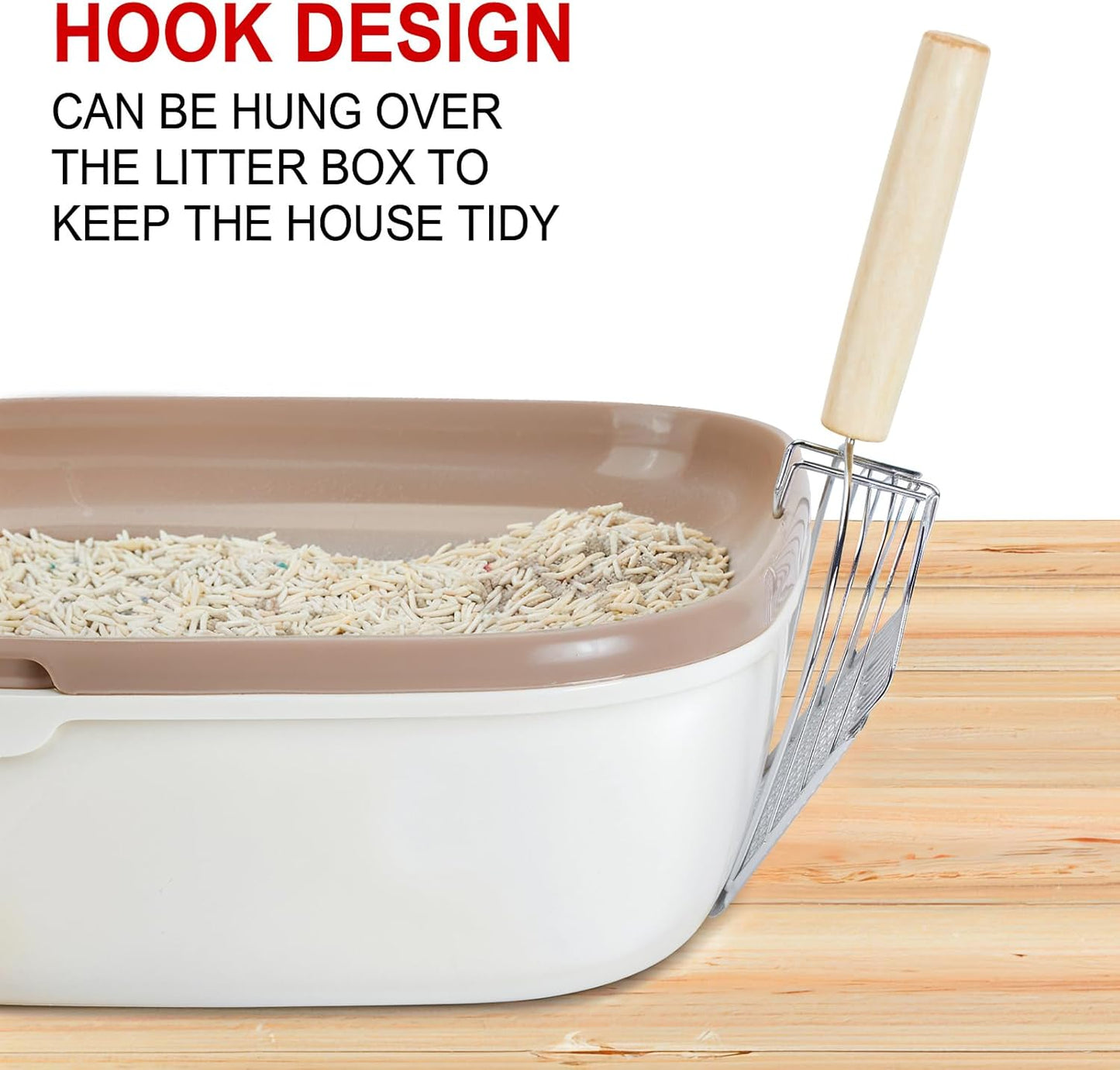 Ownpets Iron Metal Cat Litter Scoop, Heavy Duty Kitty Litter Scooper & Speed Sifter to Catch Small & Large Clumps, with Eucalyptus Wood Handle, Non-Stick Deep Shovel for Effective cleanup