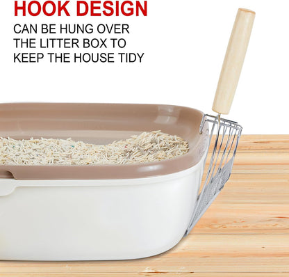 Ownpets Iron Metal Cat Litter Scoop, Heavy Duty Kitty Litter Scooper & Speed Sifter to Catch Small & Large Clumps, with Eucalyptus Wood Handle, Non-Stick Deep Shovel for Effective cleanup
