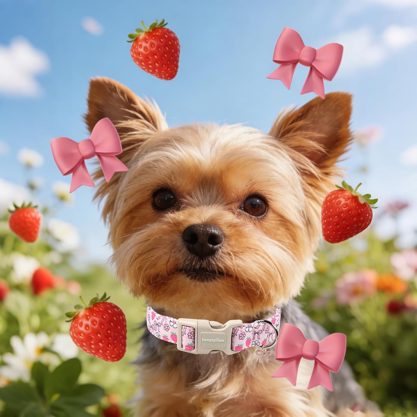 Lionet Paws Spring Dog Collar- Cute Strawberry Pink Dogs Collar with Plastic Buckle and Bowtie Pendant,Dog Collar for Medium Large Dogs