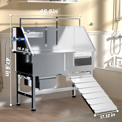 46" Dog Washing Station, Professional Stainless Steel Dog Bathtub w/Ramp & Storage Drawer, Adjustable Grate, Non-Slip Design, Home Grooming & Large Dogs (Right Ramp)