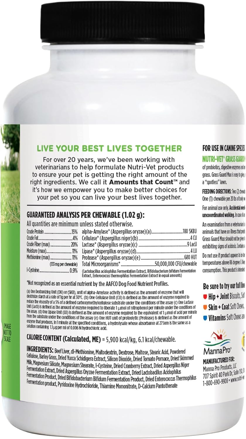 Nutri-Vet Grass Guard Chewables, Lawn Burn Prevention, Dog Urine Neutralizer for Grass, Gut Health Support with Probiotic and Enzymes, Dog Probiotics, Pet Supplement Tablets, 150 Count (Pack of 2)