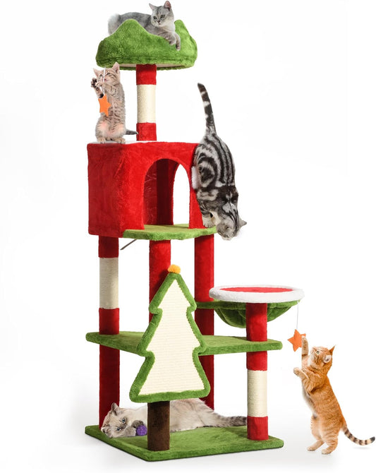 DWVO 54in Christmas Cat Tree Tower with Sisal Scratching Posts, Cat House Furniture with Cat Condos, Top Perches, Hammock, Kitty Tower Tall for Cats to Play and Sleep