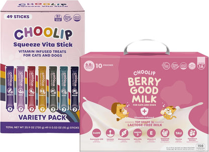Choolip Bundle | Berry Good Milk 10pk Vitamin-Infused + 49 Variety Squeeze Vita Sticks with Essential multivitamins [Both Products are for Cats & Dogs of All Life Stages]