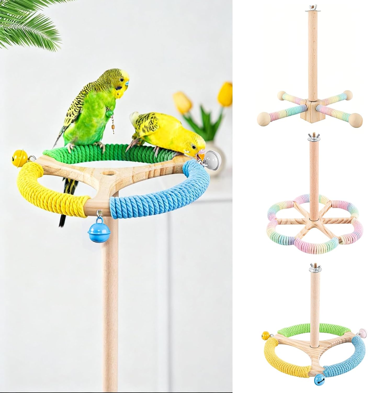 Bird Perch Toy, Interactive Spinning Parakeet Parrot Toys with Chew Toy,360° Silent Free-Spin,for Parrots, Parakeets, Cockatiels, Small to Medium Birds, with Poplar Swing (Round)