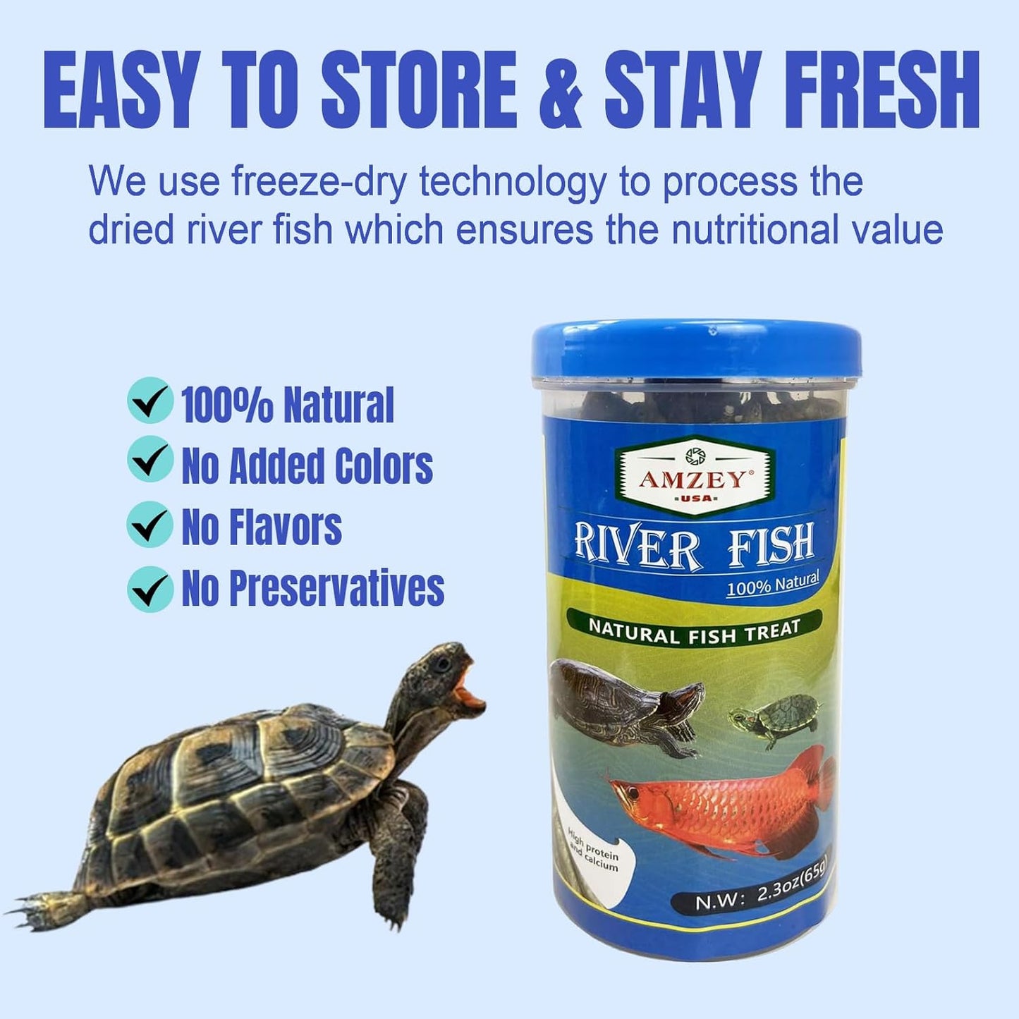 Amzey 2.3 oz Dried River Fish - Natural Food for Turtles, Terrapins, Reptiles and Large Tropical Fish