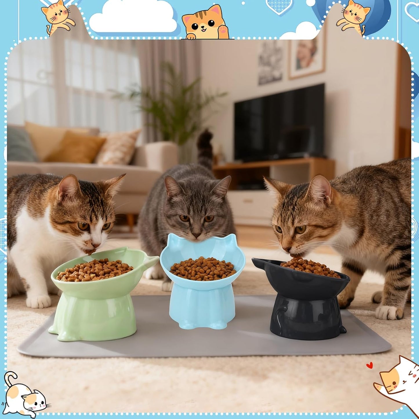 3 Pcs Elevated Cat Bowls 15°Raised Cat Food Bowl with Silicone Mat Whisker Friendly Anti Vomiting Cats Dishes Pet Food and Water Bowls for Indoor Cats Kittens Classic Blue, Black, Green Colors
