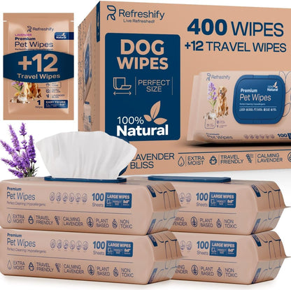 Dog Wipes for Paws and Butt - Plant Based Lavendar Scented (Pack of 400) - Pet Wipes for Dogs and Cats - Deodorizing Non Toxic Dog Wipes, +12 Additional Travel Wipes