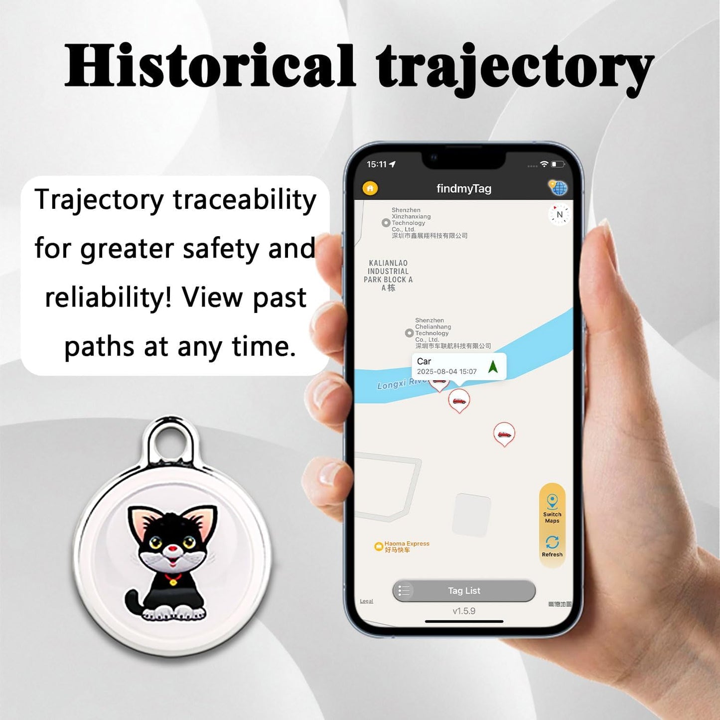 GPS Tracker for Dogs & Cats, No Subscription & No SIM Card, 365-Day Extra Long Battery Life, Real-Time Alerts & Historical Routes, Mini Waterproof Drop-Proof Pet Locator, Compatible with Android & iOS