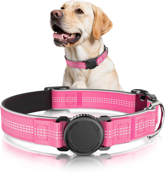 Waterproof AirTag Dog Collar - Reflective Comfortable Dog Collars with Air Tag Holder - GPS Dog Tracker Collar with Quick Easy Install - for Large Medium Small Dogs(Pink, S)